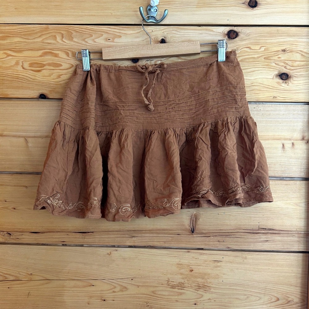 Tiered Mini Skirt Womens Large Brown Bamboo Viscose Boho Blue Sky‎ Clothing Co